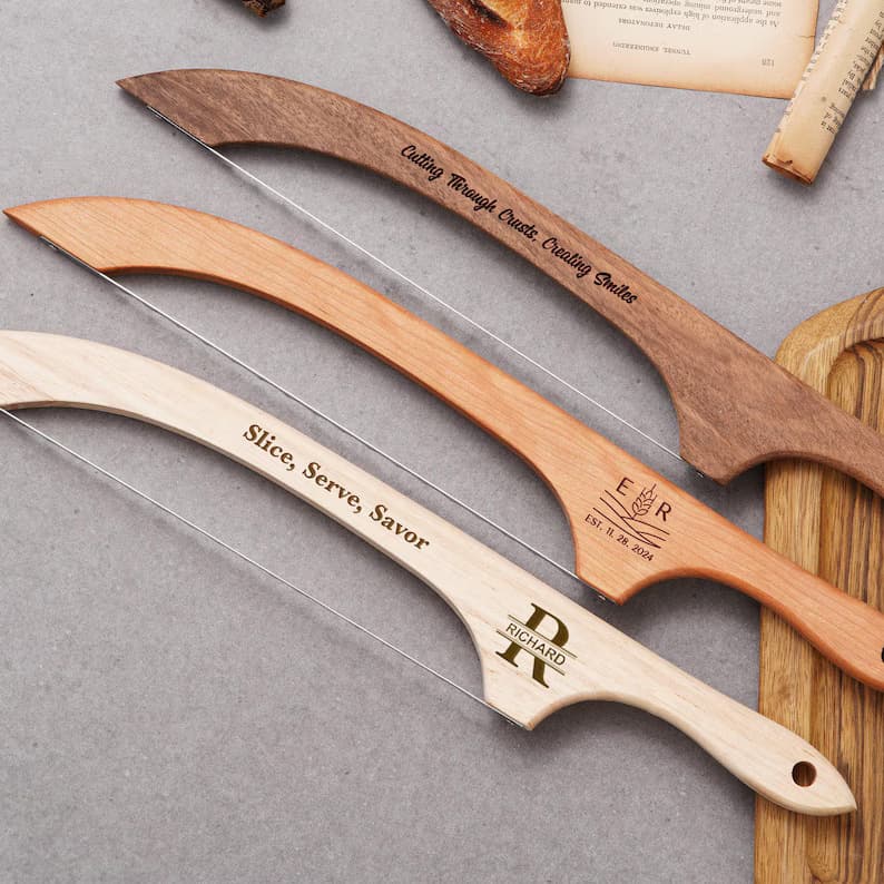 Etsy Personalized Engraving Wooden Bread Knife Bread Bow Knife Baguette Toast Saw Anti-Bend Wooden Slicing Knife