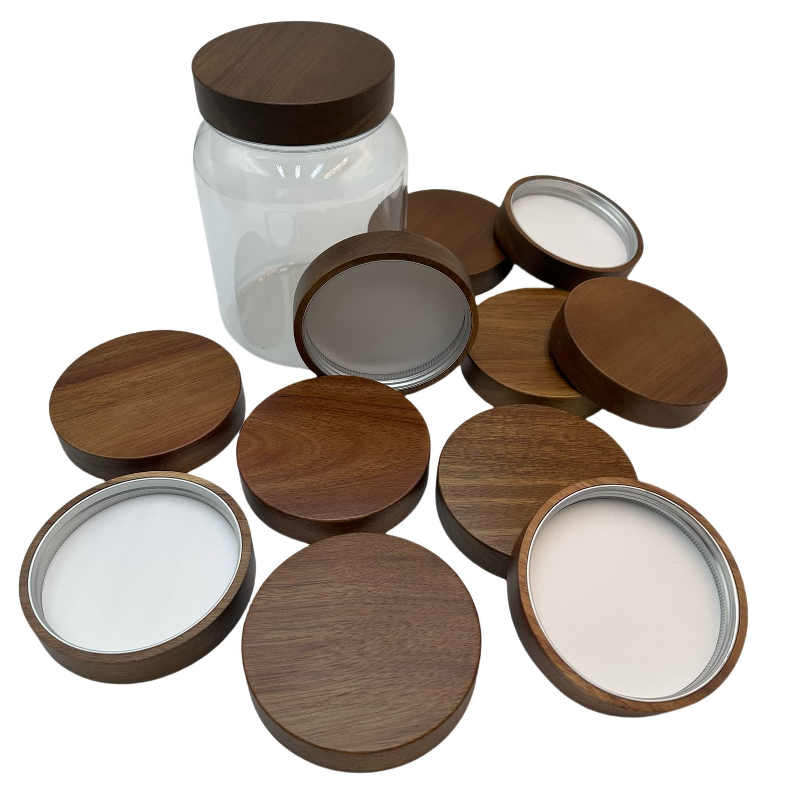 100mm Acacia Wood 89-Thread Screw Cap, Food Plastic Jar Bottle Wood Lid, Dry Goods Airtight Jar Lid with Inner Aluminum Lid