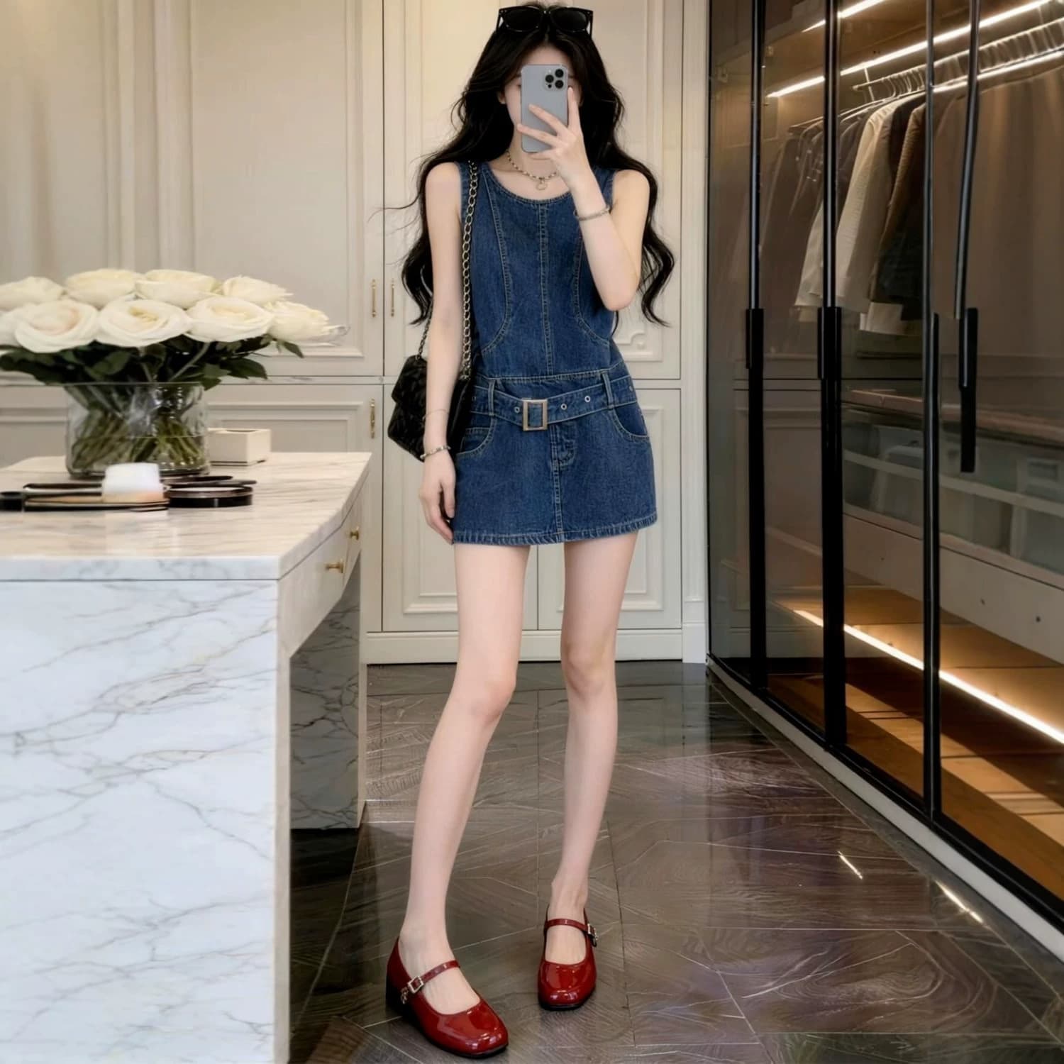 Summer Hot Girl Retro All-Matched Denim Vest Dress Female Small Waist Slimming Sleeveless Denim Short Skirt