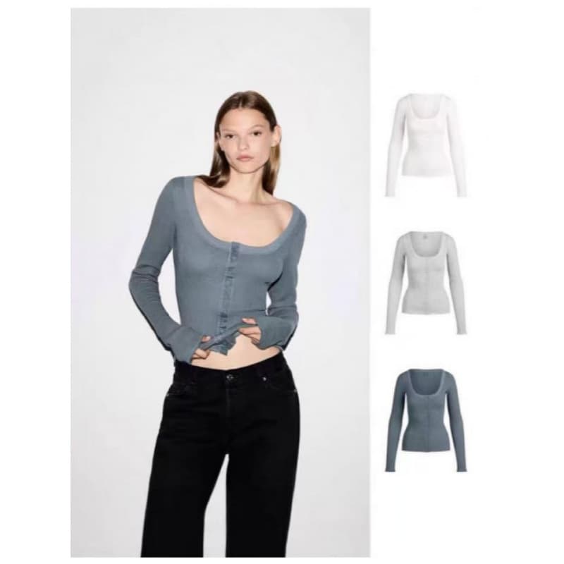 SKIMS 25 Autumn Pure Sexy Button Front Square Neck Long Sleeve T-Shirt Women Slim Fit Figure Flattering Top Inner Layer T-Shirt