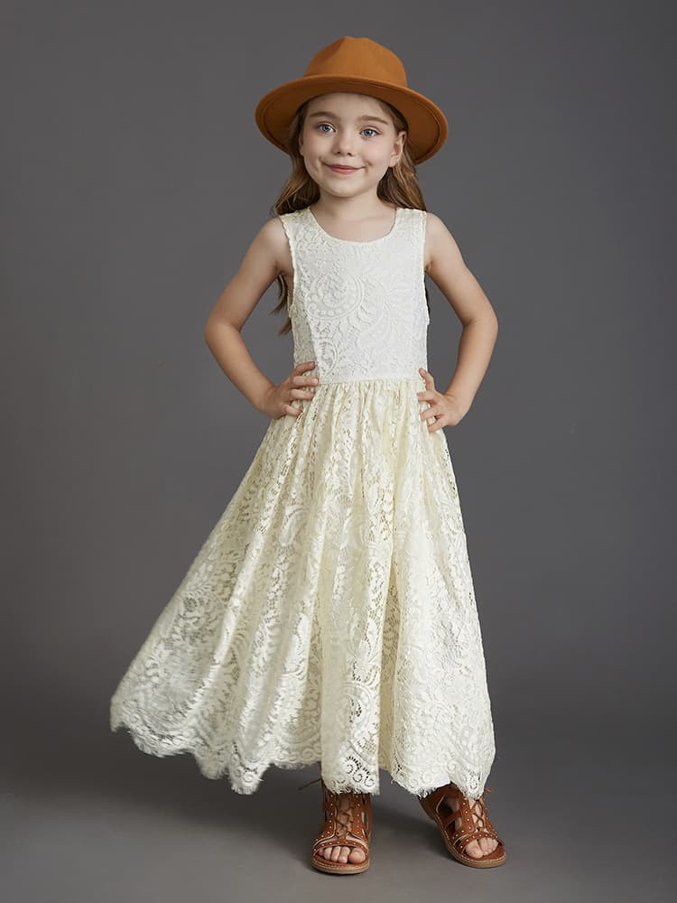 Girls' Princess Dress Backless Lace Dress Flower Girl Elegant High-End Wedding Dress