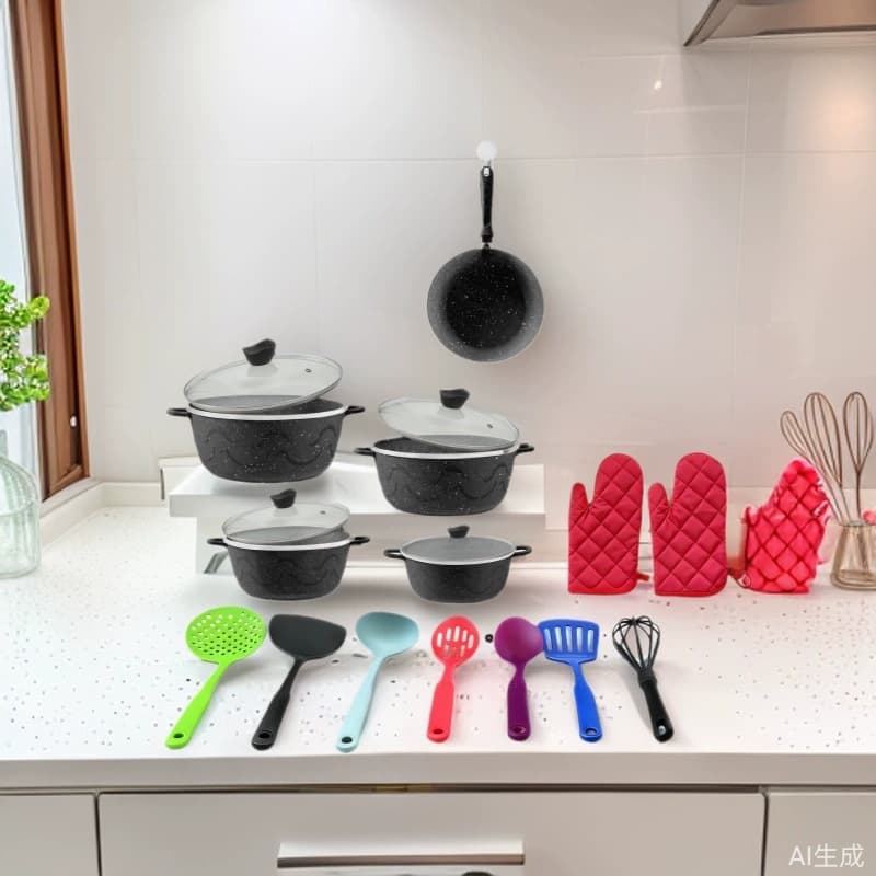 New Heykuqi 19pc Non-Stick Cookware Set, Aluminum Die-Cast Home Kitchen Cooking Utensils