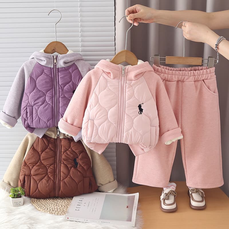 Girls' Winter Color-Block Fleece-Lined Hooded Set 2026 New Toddler Late Autumn Casual Thickened Sweatshirt Two-Piece Set