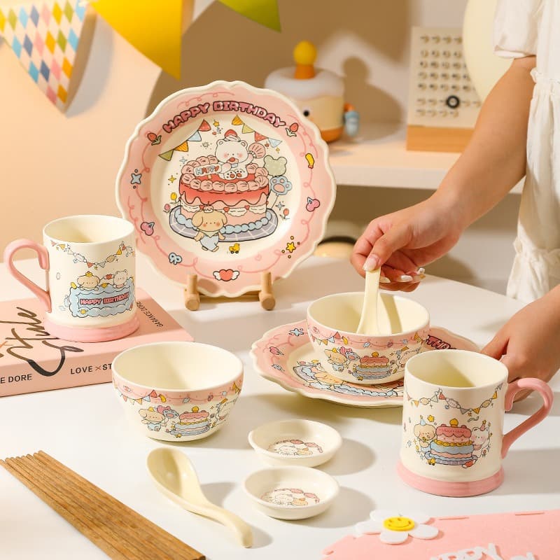 Birthday Bear Gift for Girls, Household Ceramic Tableware Set, Practical and Cute Souvenir Bowl and Plate Gift Box for Best Friends
