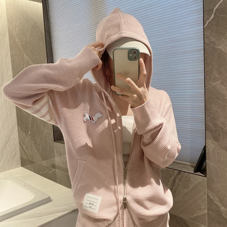 High Version TB Four-Stripe Pink Puppy Puffy Hoodie Knit Cardigan Loose Fit Women's Early Spring Campus Style