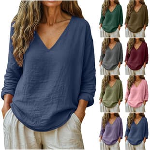Cross-border EU/US 2026 Amazon Spring/Summer New Women's Loose Casual Cotton Linen Long Sleeve V-Neck Top