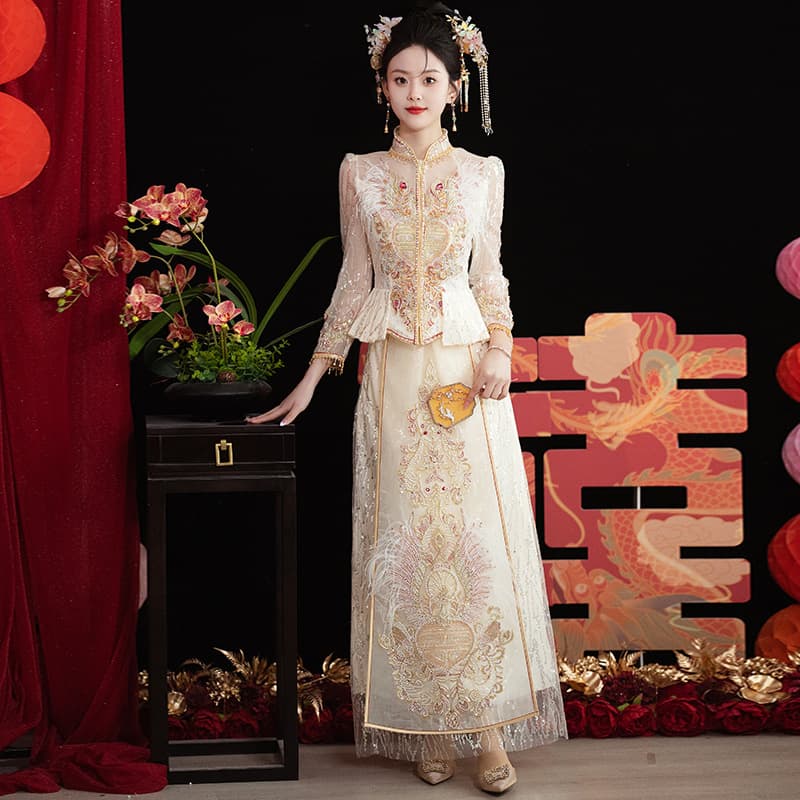 Champagne-Colored Feather Xiuhe Dress, 2025 New Style Summer Luxury Modern Toast Gown for Women, Dragon and Phoenix Outfit