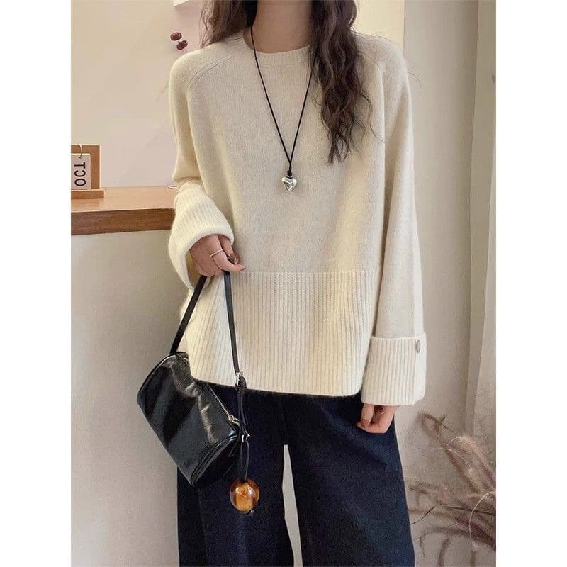 French High-End Thickened Cuff Crew Neck Sweater for Women Autumn Winter Soft Cozy Lazy Style Knit Top