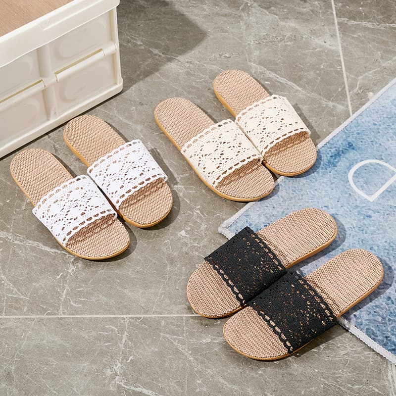 Cross-Border Four Seasons New Linen Slippers Lace Indoor Home Floor Quiet Women's Slippers Japanese Korean Export Shoes