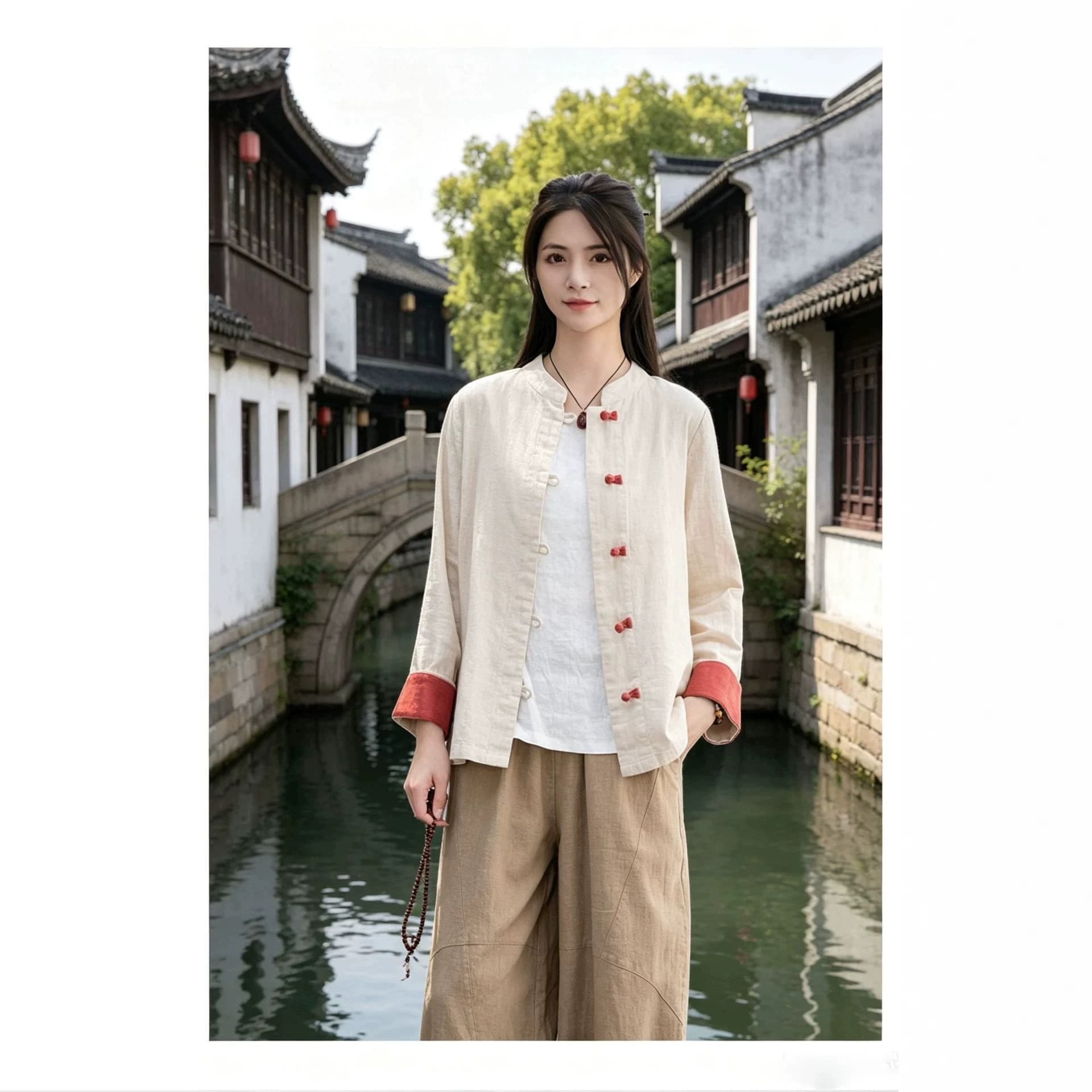 New Chinese style national style cotton and linen women's clothing with buckles and color matching stand collar cardigan new style cotton and linen women's clothing Chinese tea clothes work clothes