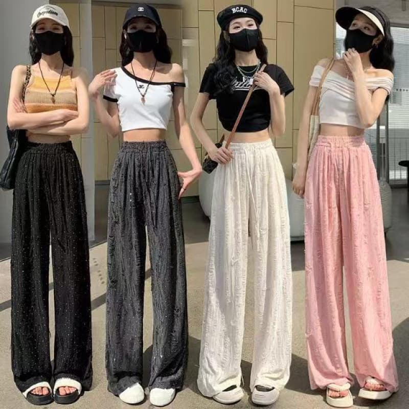 New Distressed Rhinestone Design Casual Pants for Women 2025 Summer Drawstring High-Waisted Wide-Leg Floor-Length Ripped Long Pants