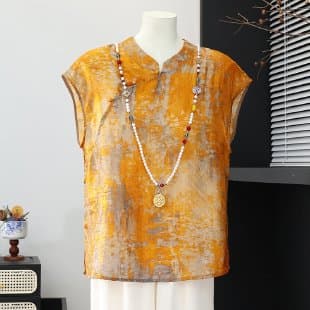 2026 new Chinese style plate button tie-dyed sleeveless T-shirt, loose, slim, versatile, large size mother's national style top