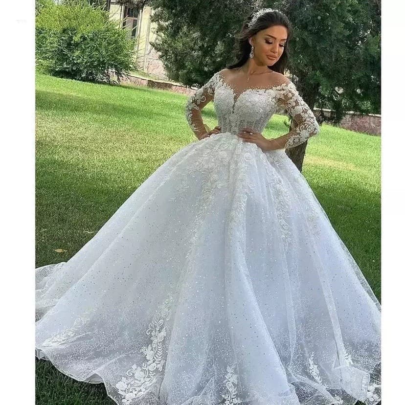 Cross-border Bride Wedding Dress Long Sleeve Lace White French High-End Off-Shoulder Train Slim Fit Elegant Gown