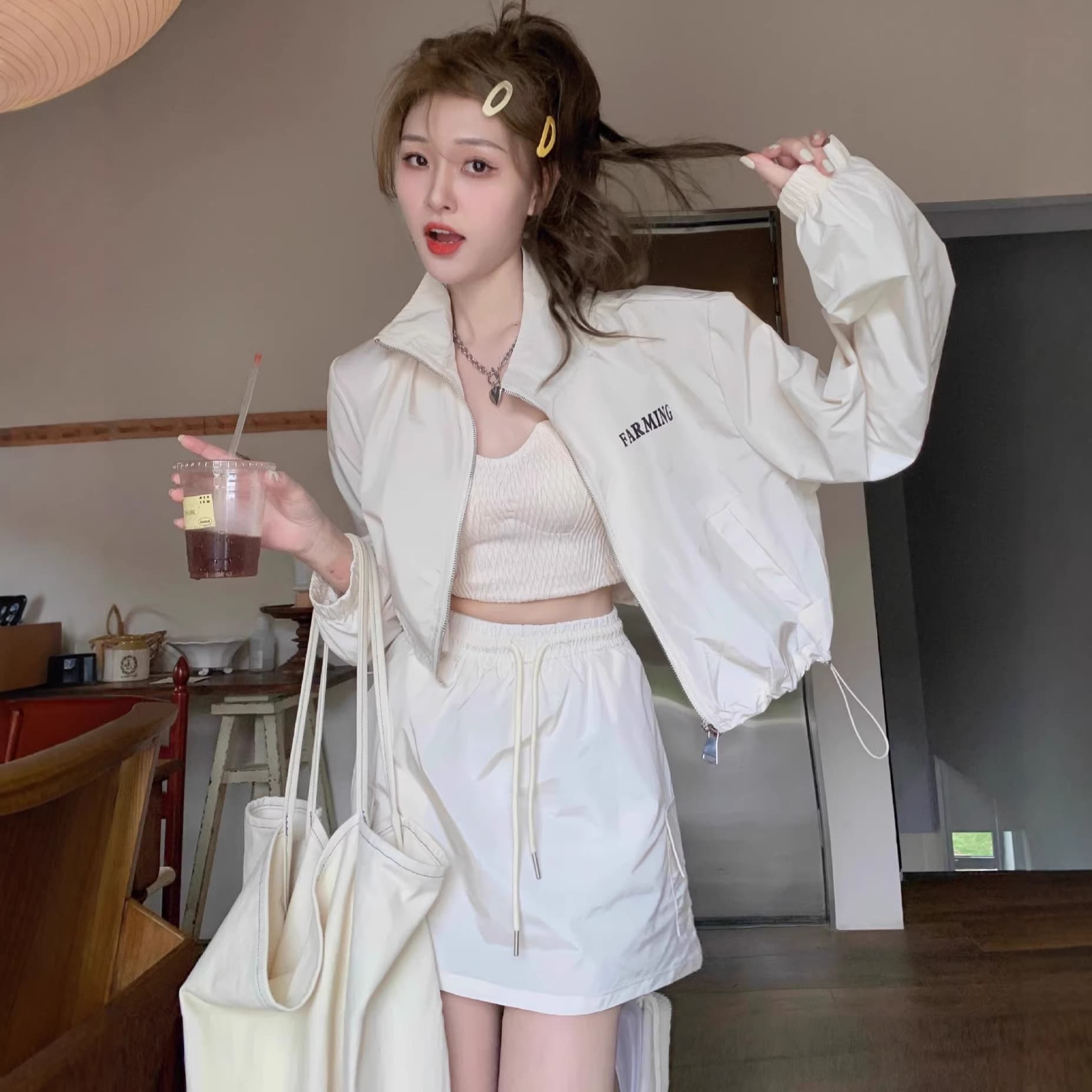 American sun protection casual sports suit for women 2026 summer new light and breathable short jacket and skirt two-piece set