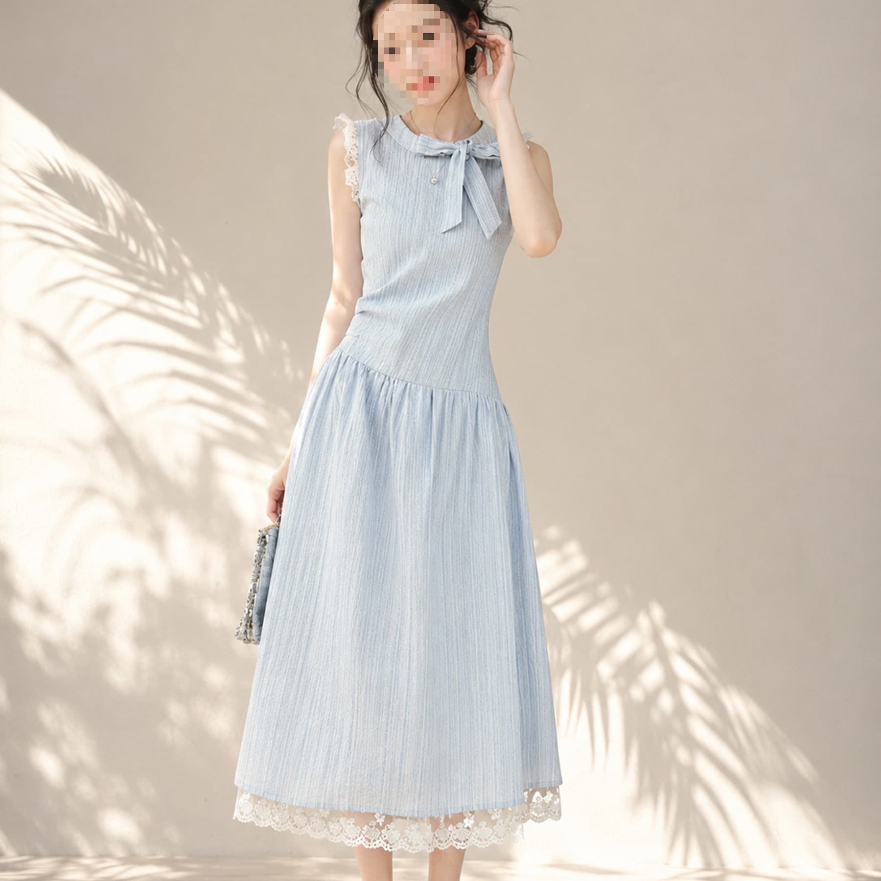 Gentle Light Blue Dress Women Summer New Design Sense Butterfly Sleeveless Vest Dress Long Dress