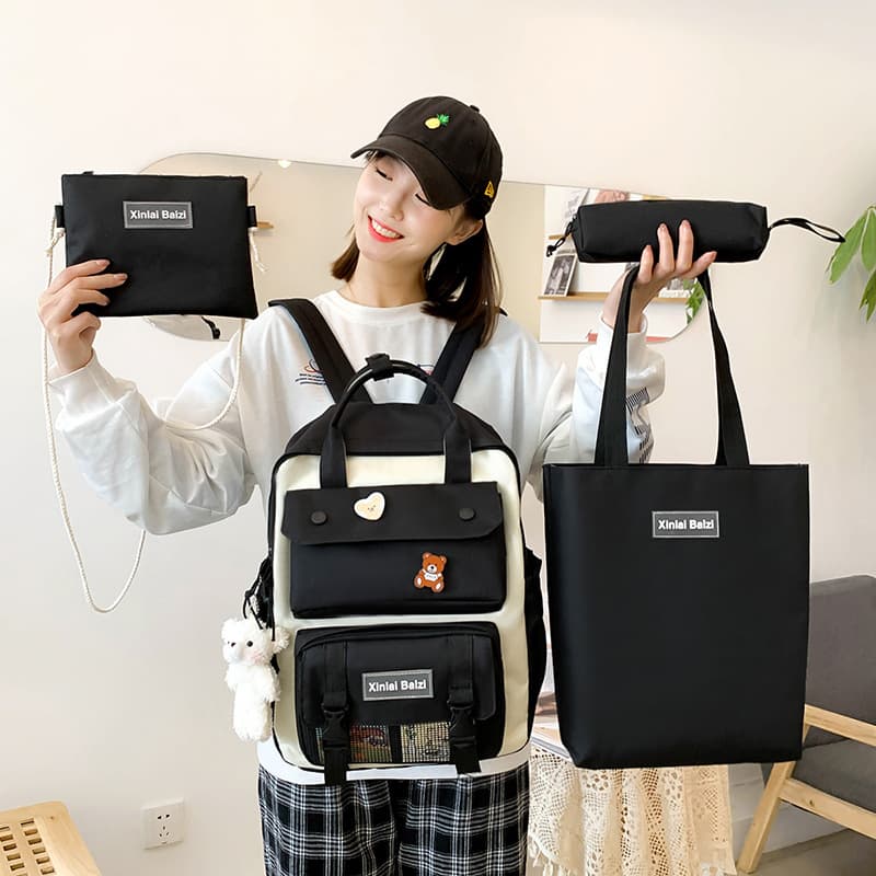 Korean Style Ins Campus Junior and Senior High School Student Backpack, Fashion 4-Piece Set Elementary Student Backpack, Campus Backpack