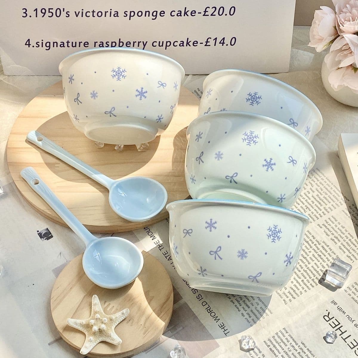 High-looking snowflake handle underglaze color girly ceramic tableware set underglaze tableware rice bowl cake bowl