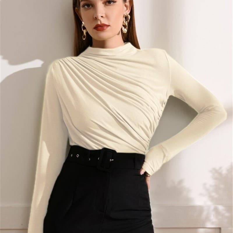Amazon US/EU Cross-border Fall/Winter Quick-sale Small High Neck Design Pleated Versatile Long-sleeve T-shirt Top