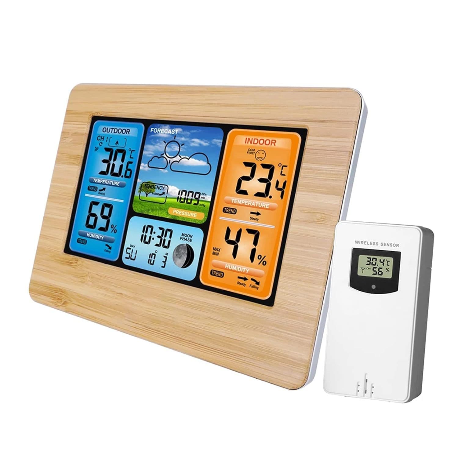 3373 Bamboo Surface Radio-Controlled Clock with Color Screen Weather Forecast, Multifunctional Perpetual Calendar Electronic Alarm Clock, RF Wireless Weather Clock