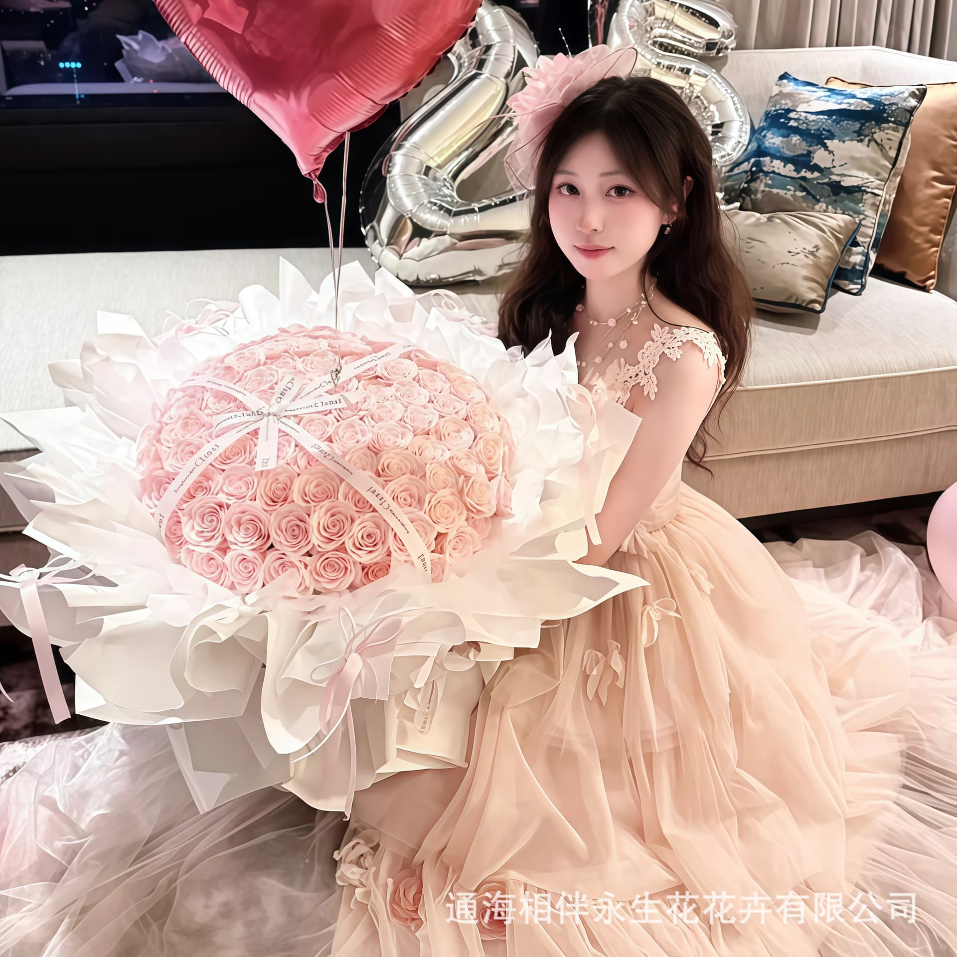 Ballet-inspired pink rose soap bouquet with heart-shaped preserved flowers - a sophisticated Valentine's Day gift for your girlfriend, or a surprise birthday present.