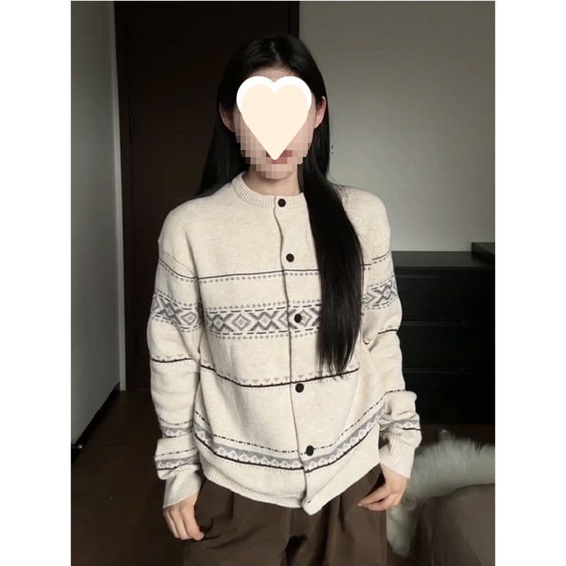 Fair Isle Jacquard Round Neck Sweater Coat, Men's and Women's Loose Couple's Knit Cardigan for Autumn/Winter New Arrival