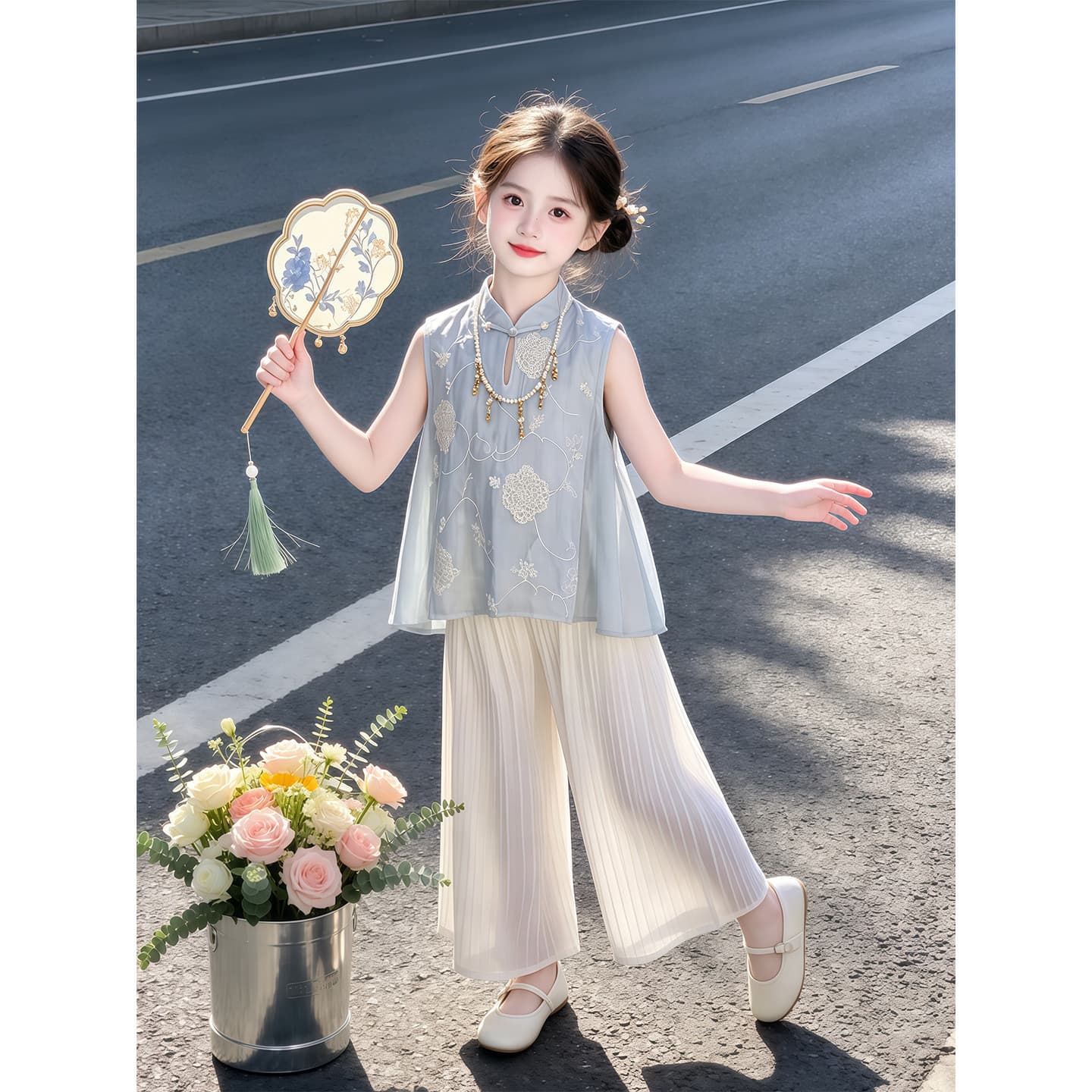 Girls Summer Set 2026 New Style Kids Fashionable Chinese Style Hanfu Two-Piece Set Girls Summer Clothes