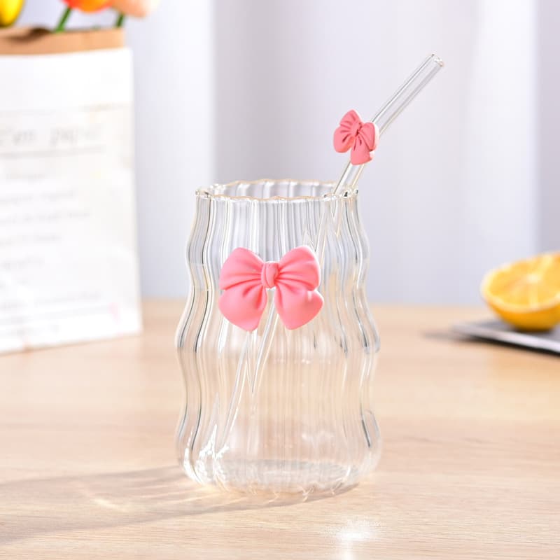 High Borosilicate Glass Bow Cup with Lid and Straw Creative Cute Juice Single-Layer Cup for Girls Summer Milk Cup