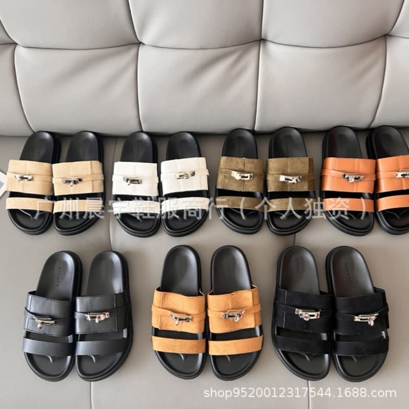 H Family Cute Metal Buckle Slippers for Women 2025 Spring/Summer Fashion Genuine Leather Versatile Flat Casual Large Size Sandals