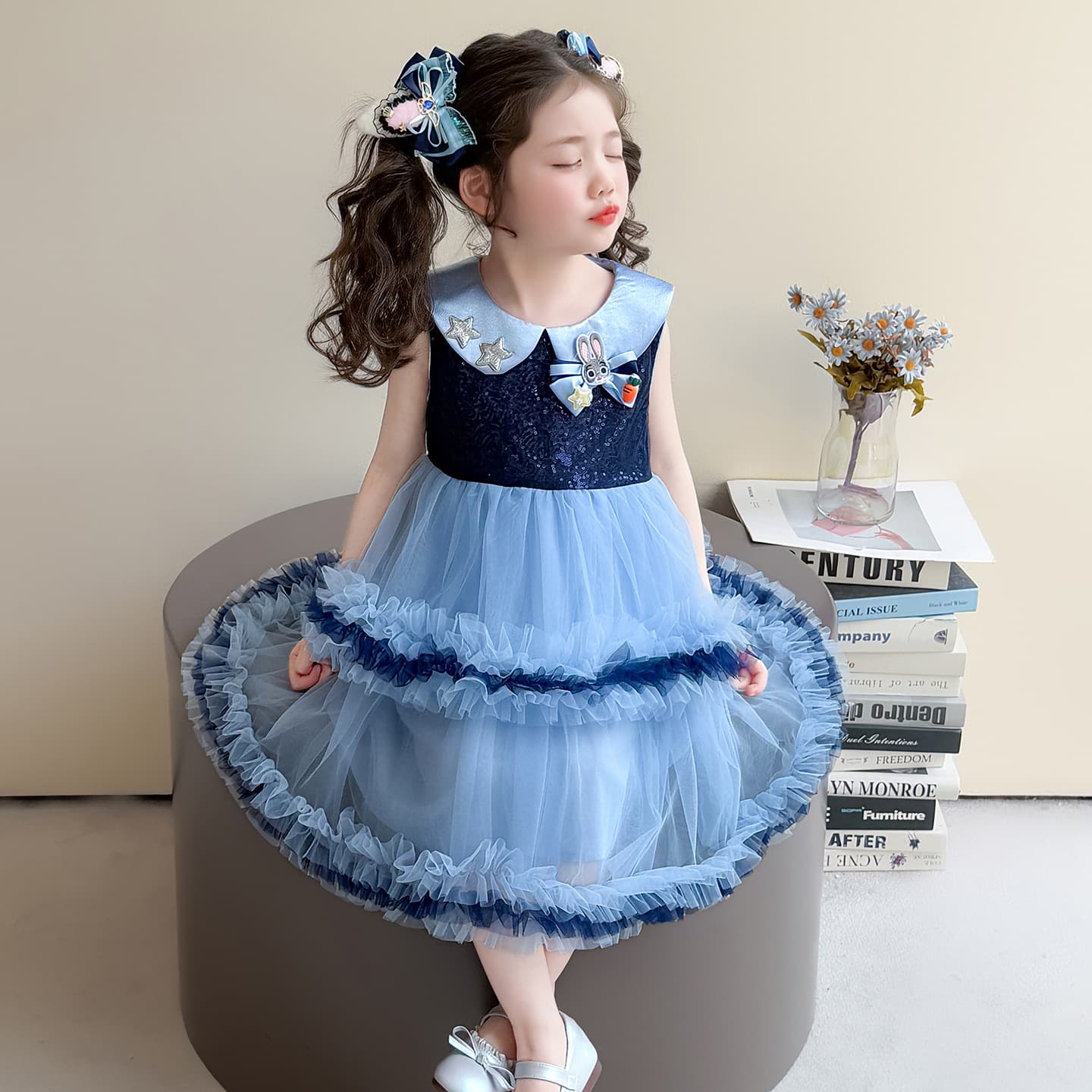 Girls Rabbit Officer Judy Princess Dress Summer Sleeveless Sequin Mesh Cake Dress Children's Blue Puffy Evening