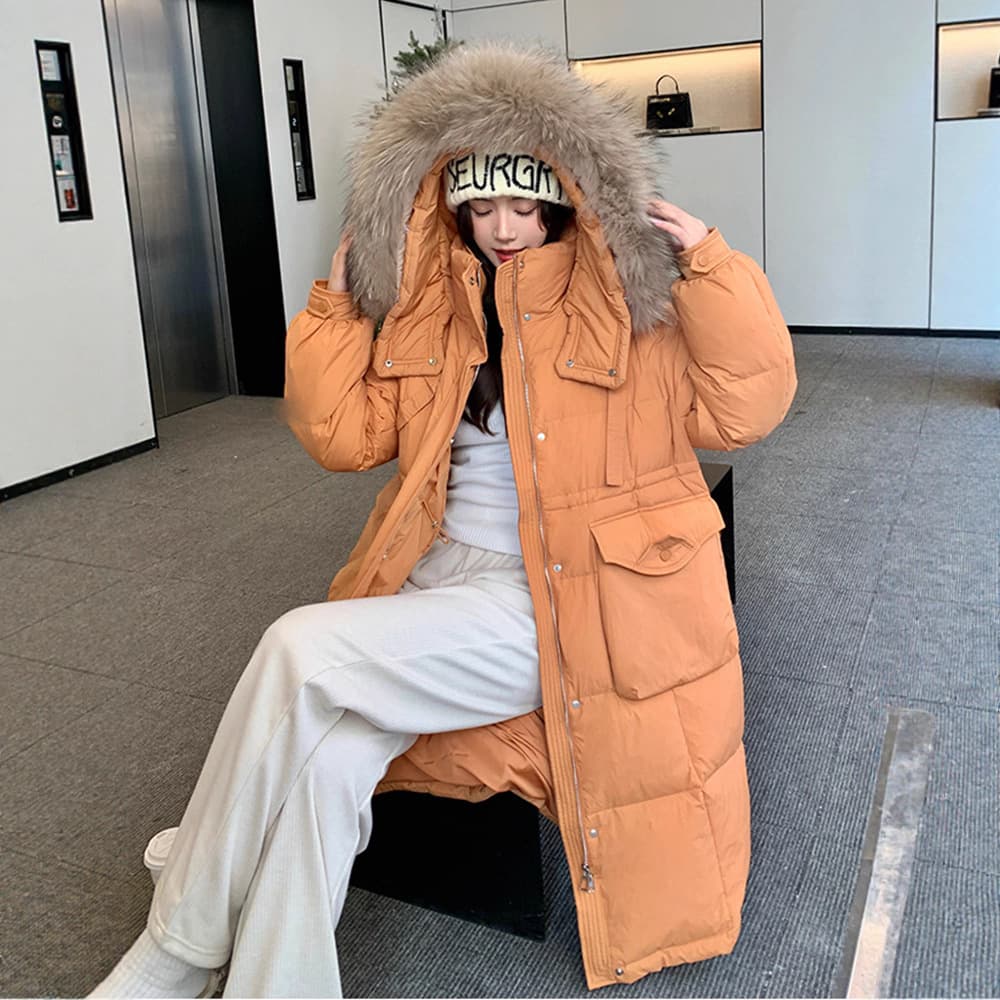 2025 New Korean Style Extra Large Plus-Size Thick Long Waist-Cinching Slimming Hooded Down Jacket Women's D128