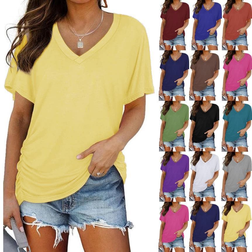2025 Summer European and American Fashion Tops Cross-Border eBay Amazon Wish Hot Selling V-Neck Solid Color Short-Sleeve T-Shirt Women's Clothing
