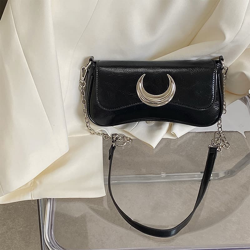 2025 Niche New Women's Bag High-End Moon Lock Clasp Shoulder Bag Black Underarm Bag Fashionable Trendy Crossbody Bag