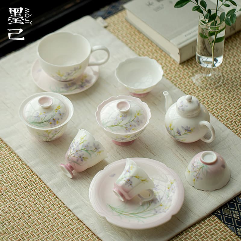 Moji Jade Clay Qise Mefang Hand-Painted Tea Set Collection, Kung Fu Tea Set, Home Teapot, Lid Bowl, Tea Tray, Tea Cup, Single Cup
