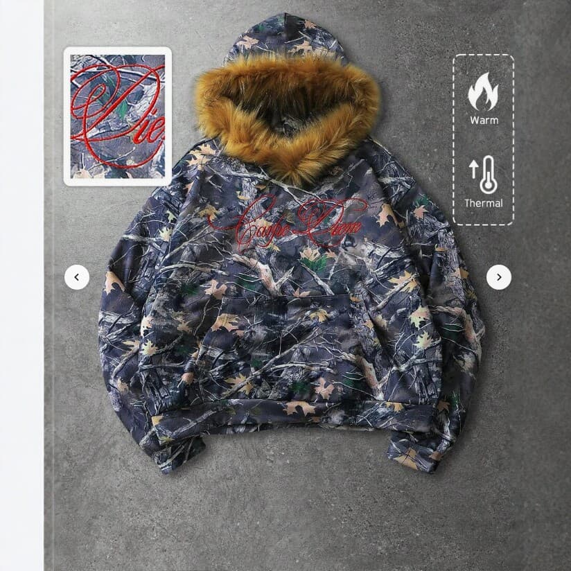 Autumn and winter American retro camouflage tree pattern large fur collar sweatshirt letter print loose plus velvet Abby style jacket men's clothing