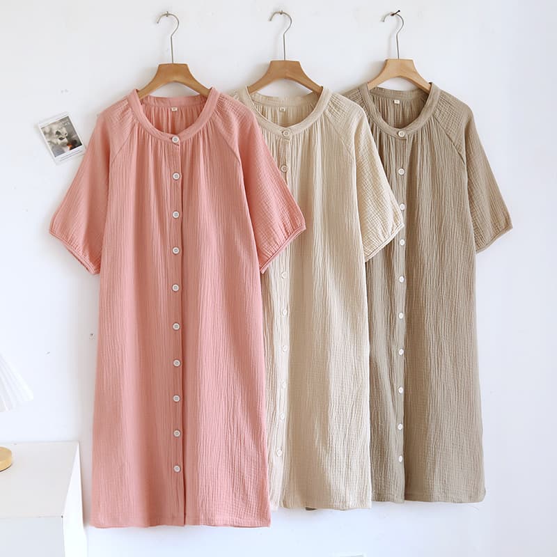 Japanese crepe cotton nightgown women's loose home wear summer thin double-layer gauze home skirt cardigan long skirt