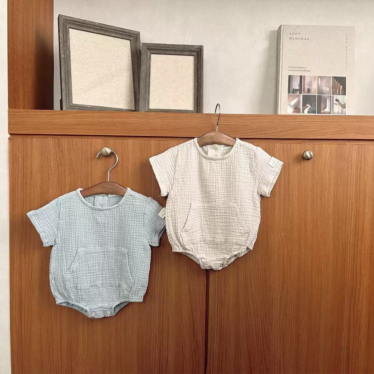 Summer style short-sleeved pure cotton breathable jumpsuit for boys and girls, infant and child large pockets, double-layer crepe triangle rompers