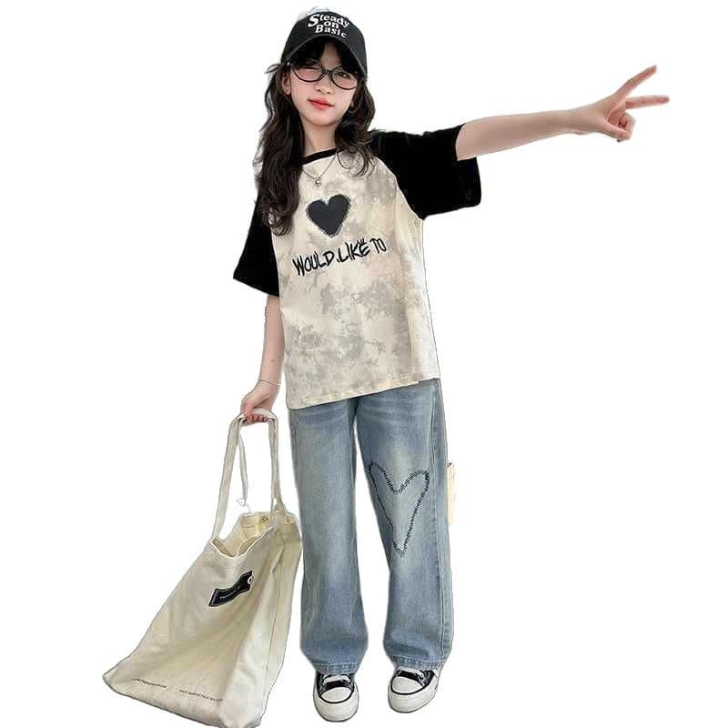 Girls Short Sleeve T-Shirt Cotton Summer Wear Student Printed Tie-Dye Stylish Girls Medium and Large Children Half Sleeve Top Summer Fashion