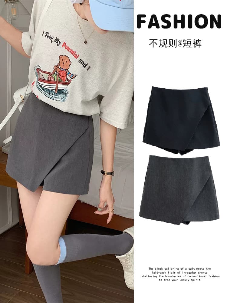 Irregular Design High-Waist Slimming Skirt Shorts for Women Spring Summer New Slimming Conceal Belly College Style Suit Shorts