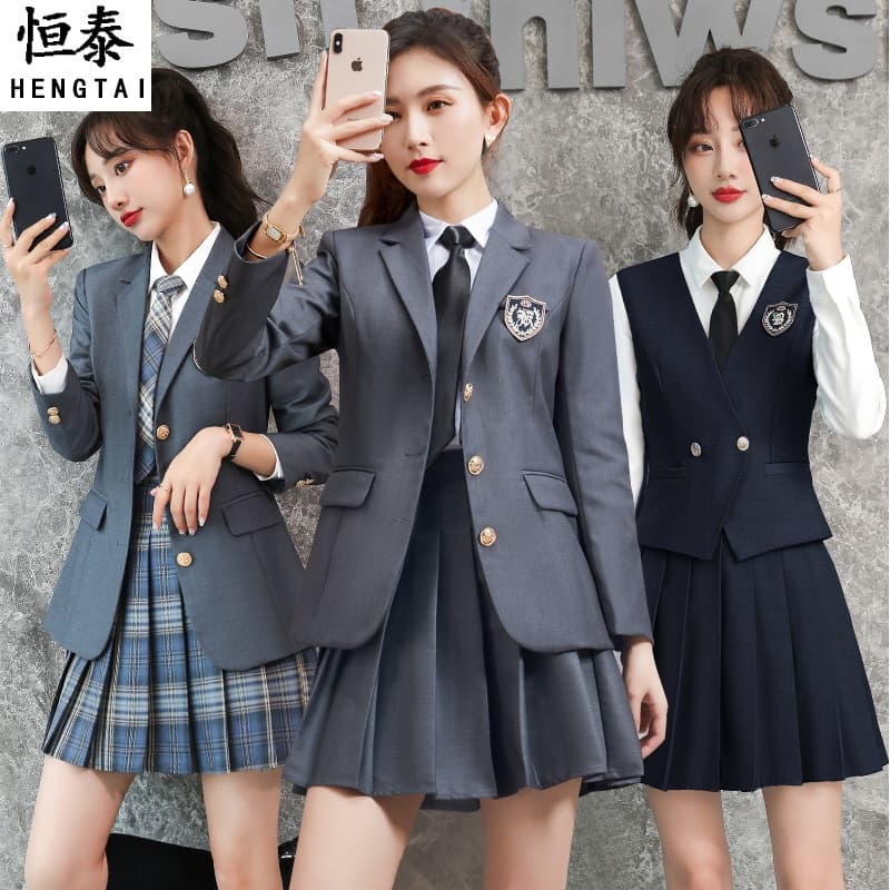 British-style school uniform set for high school girls, JK suit with pleated skirt, middle school uniform for spring and autumn