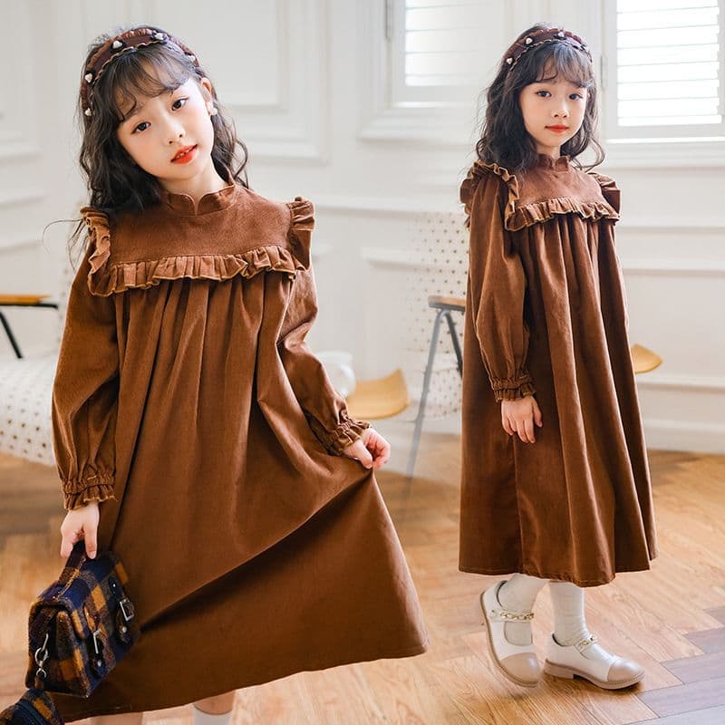 Girl's Dress 2025 Autumn Winter New Long Sleeve Ruffle Velvet Dress Middle Big Kid Forest Style Girl Princess Dress