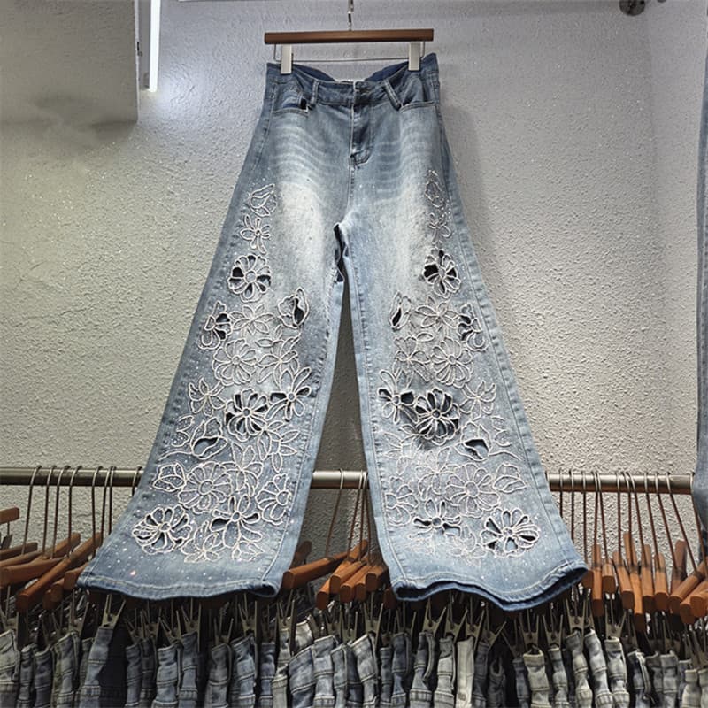 2026 Autumn New Heavy Craft Embroidery Rhinestone High-Waist Slim Straight Wide-Leg Advanced Hollow Denim Long Pants Women