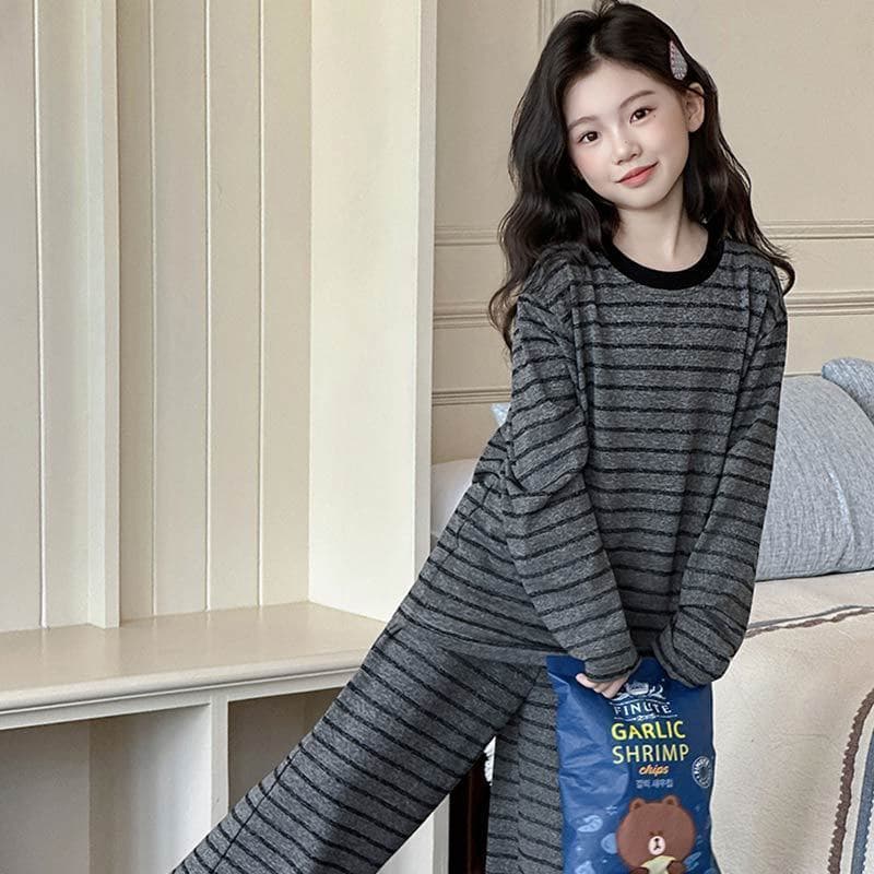 Girls' Thermal Fleece Stripe Pajamas Autumn/Winter 2025 New Kids Mid-Large Homewear Thermal Long-Sleeve Set