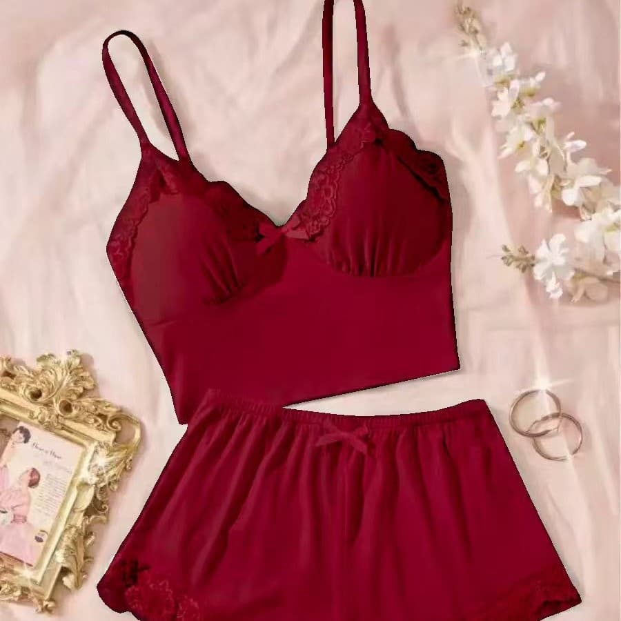 2025 New Cross-Border Home Pajama Camisole Shorts Set Solid Color Patchwork with Padded Bra