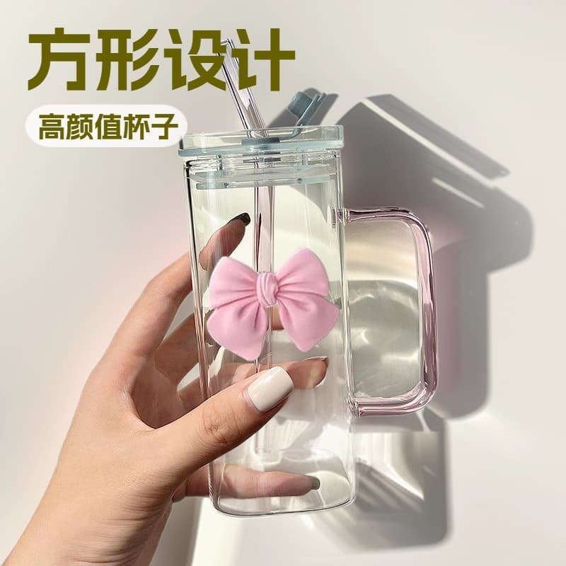 Transparent simple square water cup bow with handle glass straw cup high temperature resistant coffee milk cup glass