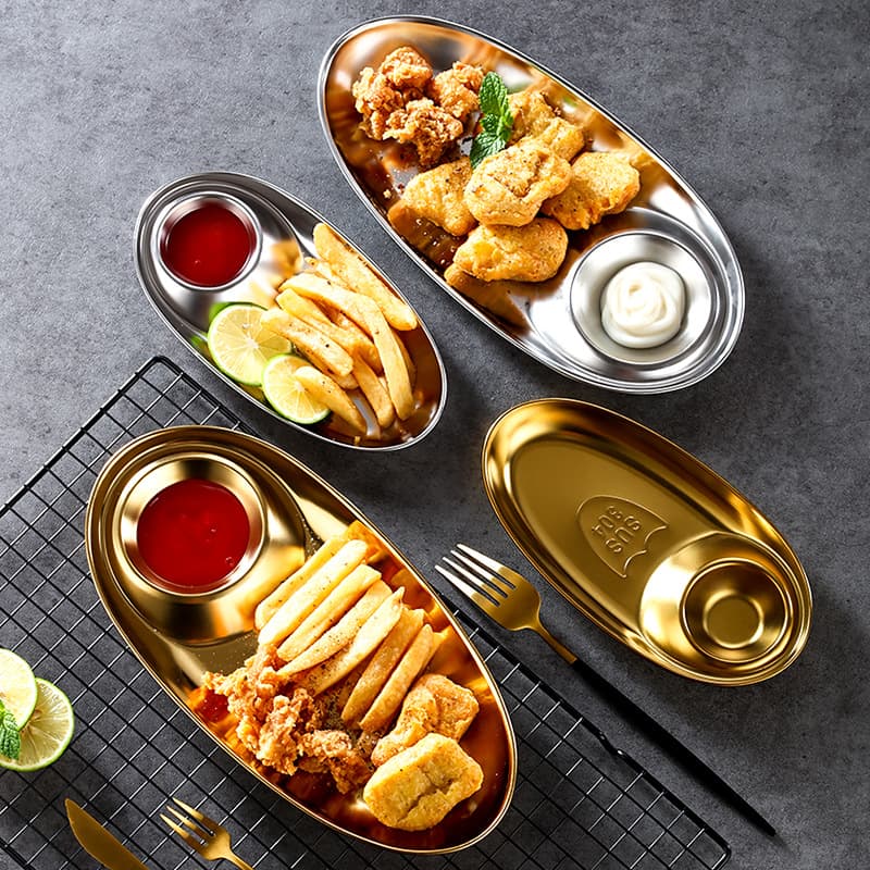 304 Stainless Steel Plate Snack Plate French Fries Oval Plate Minimalist Dipping Sauce Tray Western Food Dumpling Condiment Nested Plates