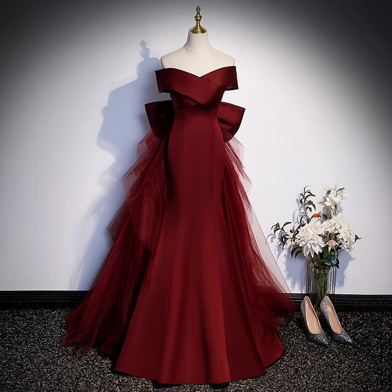 Wine Red Mermaid Wedding Toast Dress 2026 New Style, Vocal Art Exam Evening Gown, Annual Party Host, One-Shoulder Light Wedding Dress