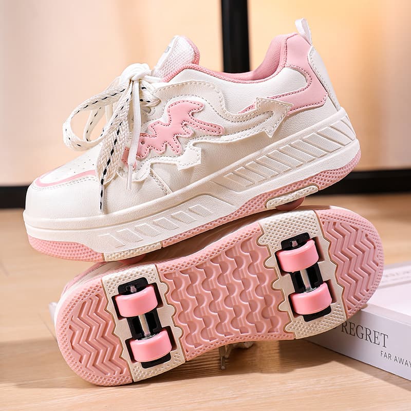 Girls Heelys Shoes 2024 New Leather Girls Light Shoes Roller Skates Breathable Light Shoes Four-Wheel Anti-Slip Wear-Resistant Outsole