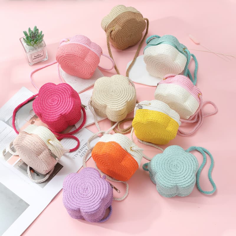 Summer Travel Straw Bag with Flower Weave Women 2025 New Style Kids Cute Woven Beach Small Crossbody Bag Seaside