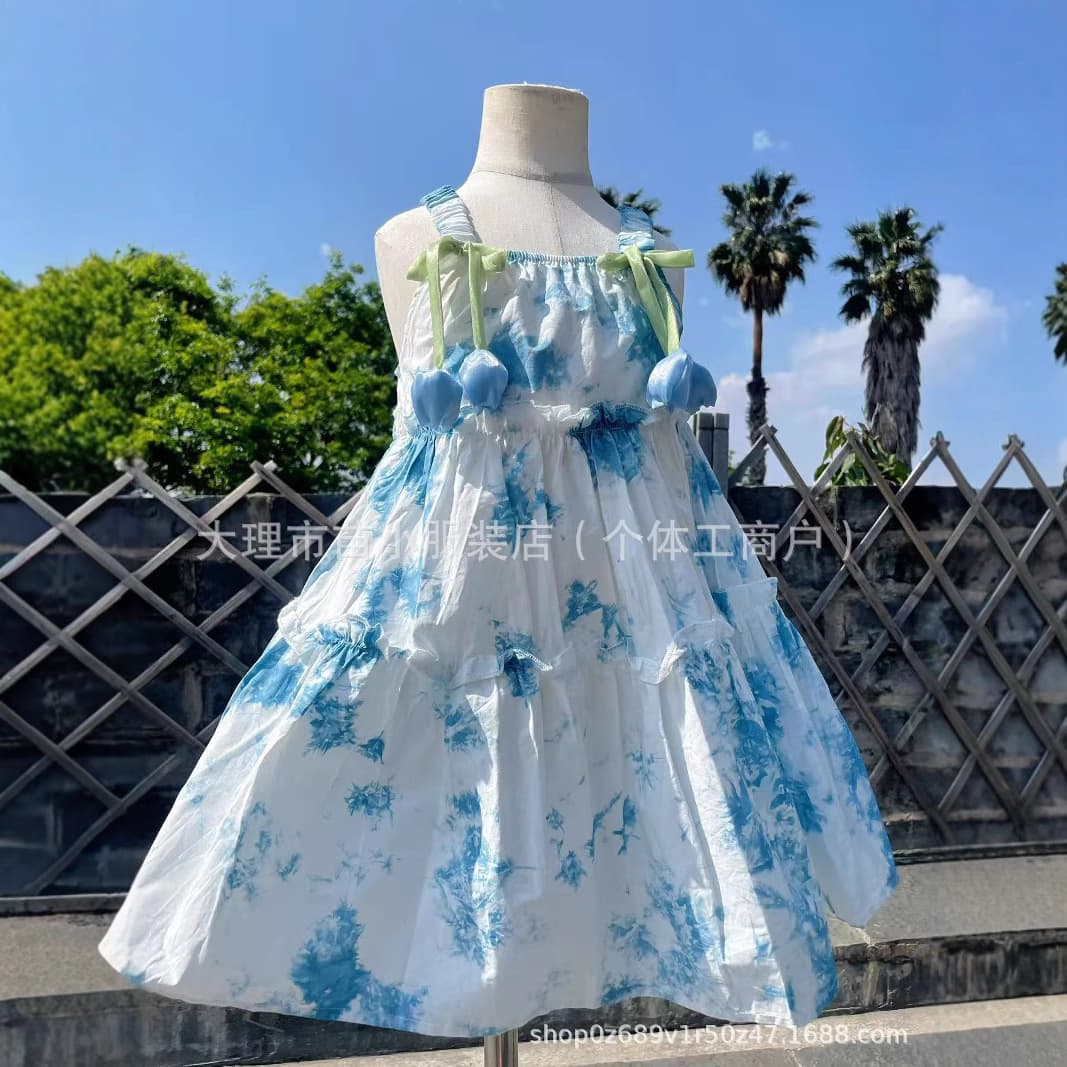 Wholesale Tie-Dye Dress Plant-Dyed White Skirt Sleeveless Sweet and Cute Short Dress Children's Princess Dress for Women