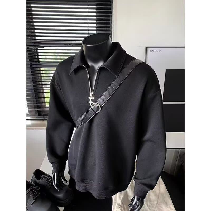 Autumn New Half-Zip Polo Sweatshirt Men Ins Streetwear American Style Solid Color Loose Fit Sports Lapel Top